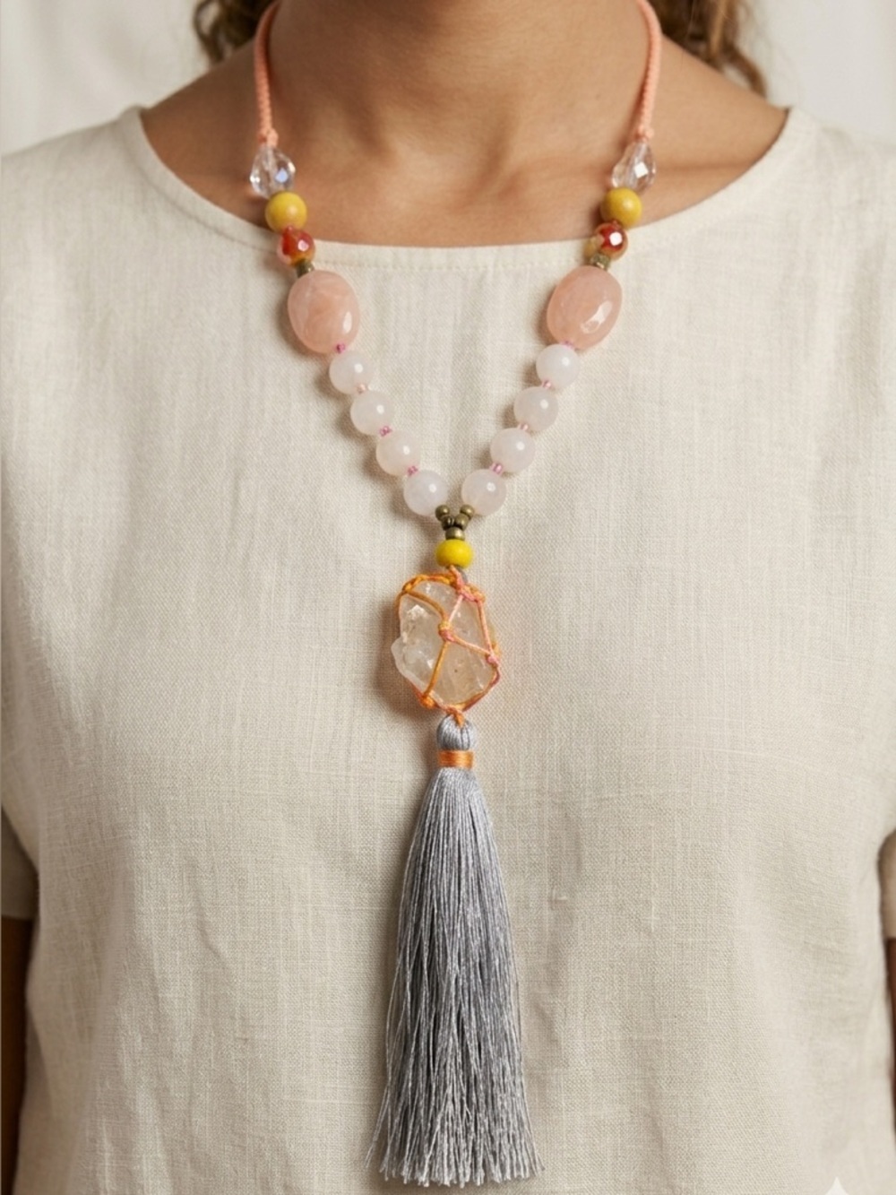 Olivia Welles Kaleidoscope Gold Orange and Peach Gemstone Tassel Necklace